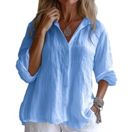 Women Shirt Lapel Long Sleeve Buttons Placket Shirt Tops Solid Color Loose Fit Mid-length Casual Shi
