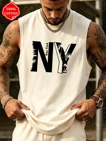 Men 100% Cotton Crew Neck Tank Top Vintage NY New York Graphic Sleeveless Shirt Loose Streetwear Sum