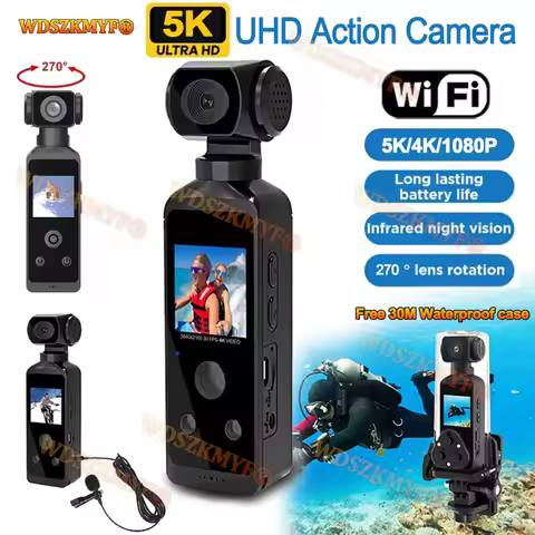 5K WIFI Pocket Camcorder HD Cam 1.3" LCD Screen 270° Rotatable Mini sports Camera with Waterproof Ca