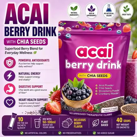Acai Berry Drink Powder with Chia Seeds and 7 Types of Berry Powders Improve Skin Condition & Enhanc