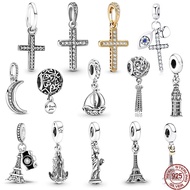 925 Sterling Silver Sparkling Cross Pendant Paris Eiffel Tower Dangle Charm Jewelry Beads Fit Original Pan-dora Bangle Bracelet