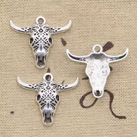 10pcs Charms Skull Bull Ox Head 25x29mm Antique Bronze Silver Color Plated Pendants Making DIY Handm