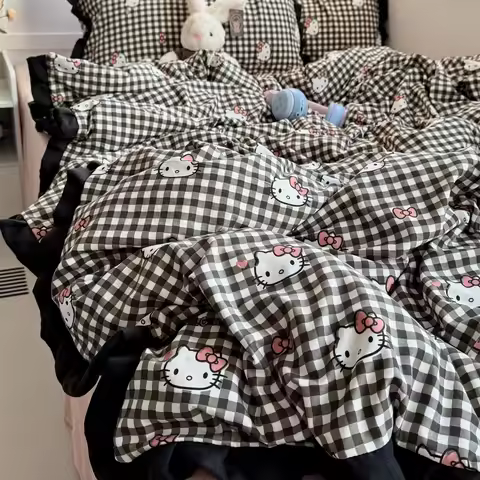 Kawaii Hello Kitty Bedding Set Anime Hello Kitty Cotton Duvet Cover Soft Comfortable Bedsheets Y2K S