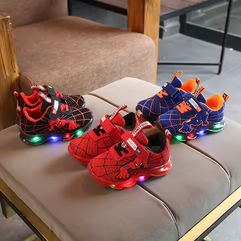 Disney LED Casual Sneakers Red Black For Spring Boys Spider-man Mesh Outdoor Shoes Children Lighted 