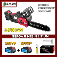 ECOSEN Chainsaw Gergaji Rantai Elektrik Mini 12 Inch 2 Baterai 358V Cordless Gergaji Pemotong Kayu