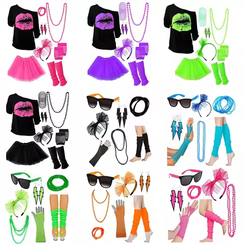 1980s Prom 80s Necklace Headband Gloves Knee Pads Bracelet Glasses Set Prom Dress Up for Girls Party