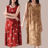 【Ready stock】无袖棉绸睡裙可外穿妈妈装过膝连衣裙薄款大码宽松家居服长裙 Sleeveless Cotton Silk Nightdress Large Size Loose Loungew