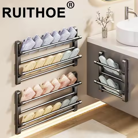 2025 Bathroom slipper rack wall-mounted non-punching toilet door shoe rack drain multi-functional fo