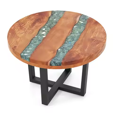 24" Round Teak Wood End Table w/ Epoxy Resin Tabletop Mahogany Base for Patio