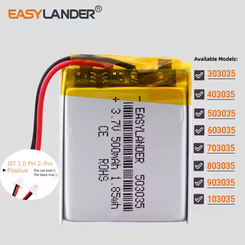JST 1.0mm 2Pin 3.7V 500mAh 503035 Lithium Polymer LiPo Rechargeable Battery 303035 403035 603035 703