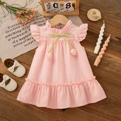 Summer Baby Outfit For Girl Tulip Flower Bow Pink Chiffon Dress Baby Girl Korean Outfit