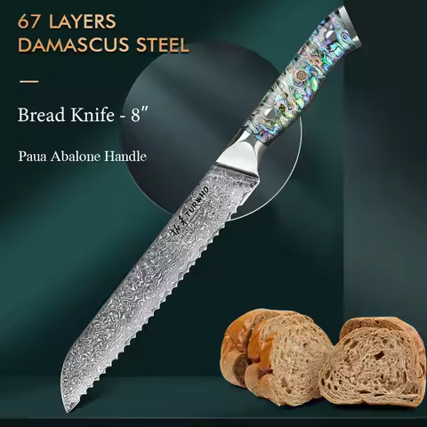 TURWHO-Sharp Bread Knife, Frozen Meat Knife, VG10 Premium Japanese Damascus Steel, Serrated Cake Bak