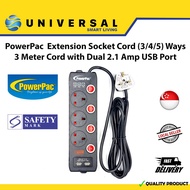 [SG SHOP SELLER] Powerpac Extension Socket Cord (3/4/5) Ways 3 Meter Cord With Dual 2.1Amp USB Port