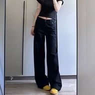 黑色直筒牛仔褲女秋冬季加絨加厚小個子高腰寬鬆顯瘦窄版闊腿褲子-黑色加絨 XS