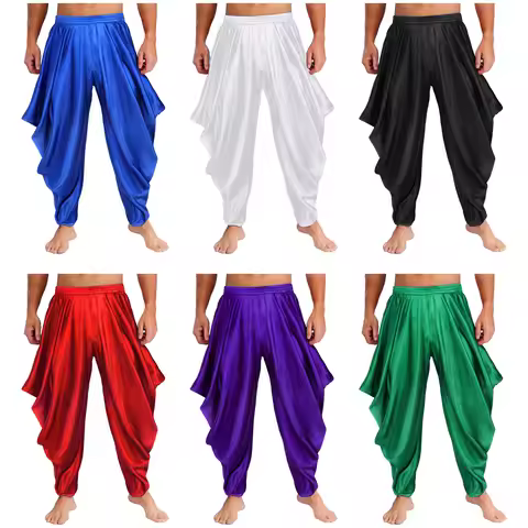 Men Adult Arabian Prince Costume Satin Dhoti Harem Pants Elastic Waistband Draped Baggy Bloomers for