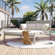 Farmhouse Wood Daybed Set - 4 Pillows & Curved Arms Outdoor Sofa Bed, Teak Poolside Lounger For Back