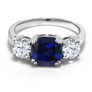 925 Sterling Silver Blue Simulated Sapphire and White Zirconia 3 Stone Engagement Ring For Women (4.