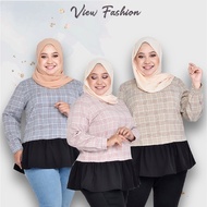 [VIEW]  FS-3XL MUSLIMAH PLUS SIZE BLOUSE Classic Peplum Top Blouse Dual Tone Corak Petak Ruffle 8024