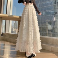 Qooth Polka Dot Tulle Tiered Cake Maxi Skirt A-Line Long Skirt Slimming QT2897