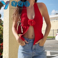 YVE Vest Top, Sexy Backless Crop Top,  Flower Low Cut Halter Neck Sleeveless Women