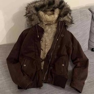Y2K Retro Autumn and Winter Wool Lined Women's Coat Cotton Brown Fur Collar Warm Zipper Hooded Jacke