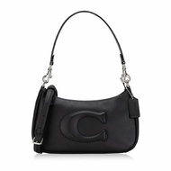 【COACH】縫線LOGO皮革半月包-黑色