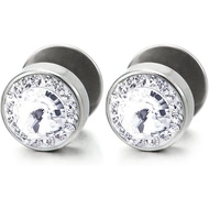 Men Earrings Stainless Steel Illusion Tunnel Earrings with Cube Zirconia, 2 Pieces Pack