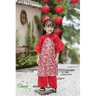 Áo dài cách tân bé gái, Set áo dài tết cho bé 1-10 tuổi hình phượng vũ vải thô nhũ hàng thiết kế điệ