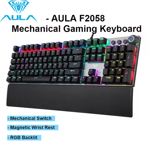 AULA F2058 Mechanical Gaming Keyboard, Wired 108 Keys with RGB Backlit, Magnetic Wrist Rest, Multime