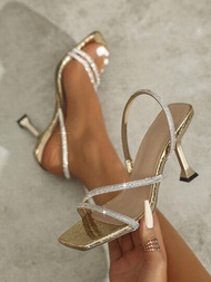 女士銀色高跟鞋，新時尚舒適簡約春夏鑲有閃亮鑽石的涼鞋