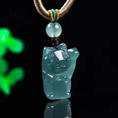 Real Natural Emerald Burmese A Emerald Jade Blue Water Cartoon Cat Pendant Amulets Jewelry Gifts Cer