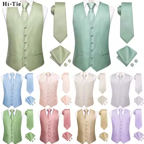 Sage Green Solid Floral Mens Suit Vests 4PC Woven Blue Waistcoat Tie Pocket Square Cufflinks Busines