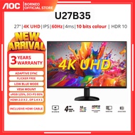 AOC U27B35 27" 4K Monitor - 3840x2160 (UHD)/HDR10/10-bit Color/IPS/Flicker Free/Low Blue Mode