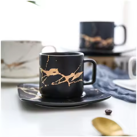 Marble coffee cup, black and white cup and saucer cup. High quality coffee cup, coffee set, saucer c