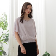 [CUMAR] Striped Jacquard Chiffon Sleeve Top Beige Purple