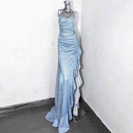 藍色閃片開衩禮服裙