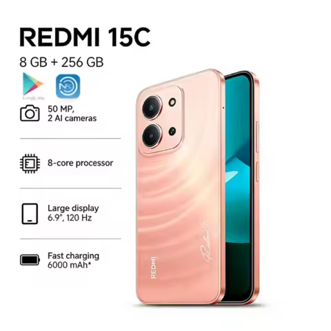 Global Edition Redmi 15C 5G 8+256GB Smartphone: Ultra-slim 6000mAh smartphone with long battery life