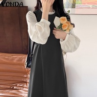 VONDA Women Casual Korean Long Sleeve Patchwork Pleated Tunic Long Dress