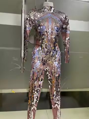 Sequin Diamond Jumpsuit Car Model Show Nightclub Bar Shining Rhinestones Show girl Performance Costu