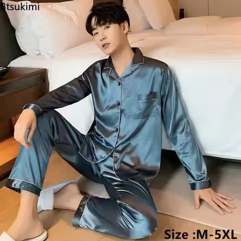 Men's Casual Pajamas Sets Oversized Silk Mens Pajama Pants Sets Satin Long Sleeve Sleepwear Home Pij