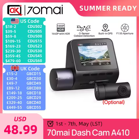 New 70mai Dash Cam A410 1440P 2.5K Image F1.55 Dual-Channel Supported GPS Night Vision 24H Parking U