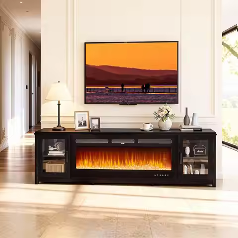80in Wi-Fi Smart Fireplace TV Stand with Adjustable 12-Color LED Lights for Living Room Black, Custo