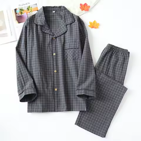 New Water-washed Cotton Long Sleeved Trousers Mens Pajamas Spring and Autumn Lapel Pure Cotton Pijam