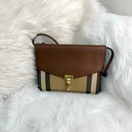 BURBERRY Macken 棕色拼多色 格紋 塗層帆布拼牛皮 郵差包