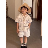 Korea Korea 2026 Korean Children's Clothing 2025 Summer New Style Beige Suit Collar Cartoon Graffiti