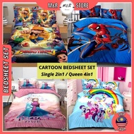 Cadar Kartun Single 2 in 1 Murah Katil Queen 4 in 1 Set Cartoon Budak Kids Fitted Bedsheet Cotton Frozen 2 Spiderman Car