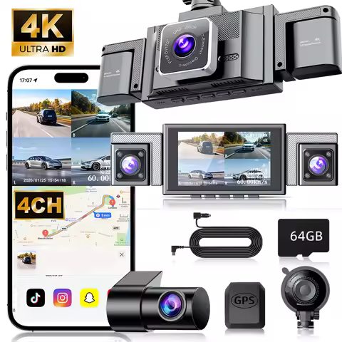 360° Dash Cam 4 Channel, 5.8G WiFi-6 (up to 20MB/s) with App, Free 64GB Card, FHD Front & Rear Insid