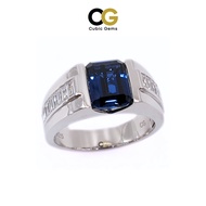CG Premium Lab Corundum Blue Sapphire Channel Setting with Baguette Cubic Zirconia Silver Men’s Ring