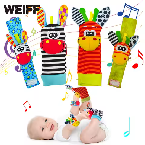 4PCS Baby Rattles Toys 0-12 Months Baby Toys Animal Socks Wrist Strap Sock Set Rattle Baby Foot Sock