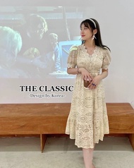 เดรสลูกไม้ แขนตุ๊กตา พร้อมเข็มขัด M-2XL ชุดไปวัด ชุดทำบุญ ชุดออกงาน ชุดไปงาน งานป้าย The Classic